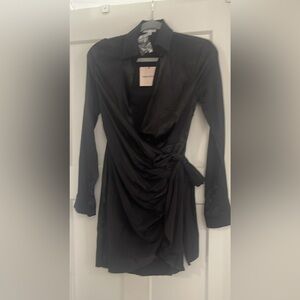 superdown Black Long-Sleeve Ruched Wrap Dress